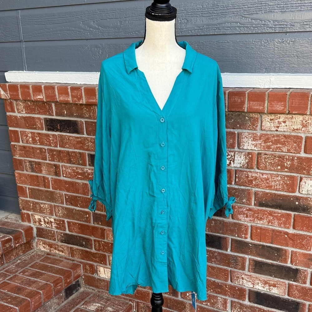 Cupshe Women's Teal Blue Button Down Shirt Dress Cover-Up Size XL Beach Summer